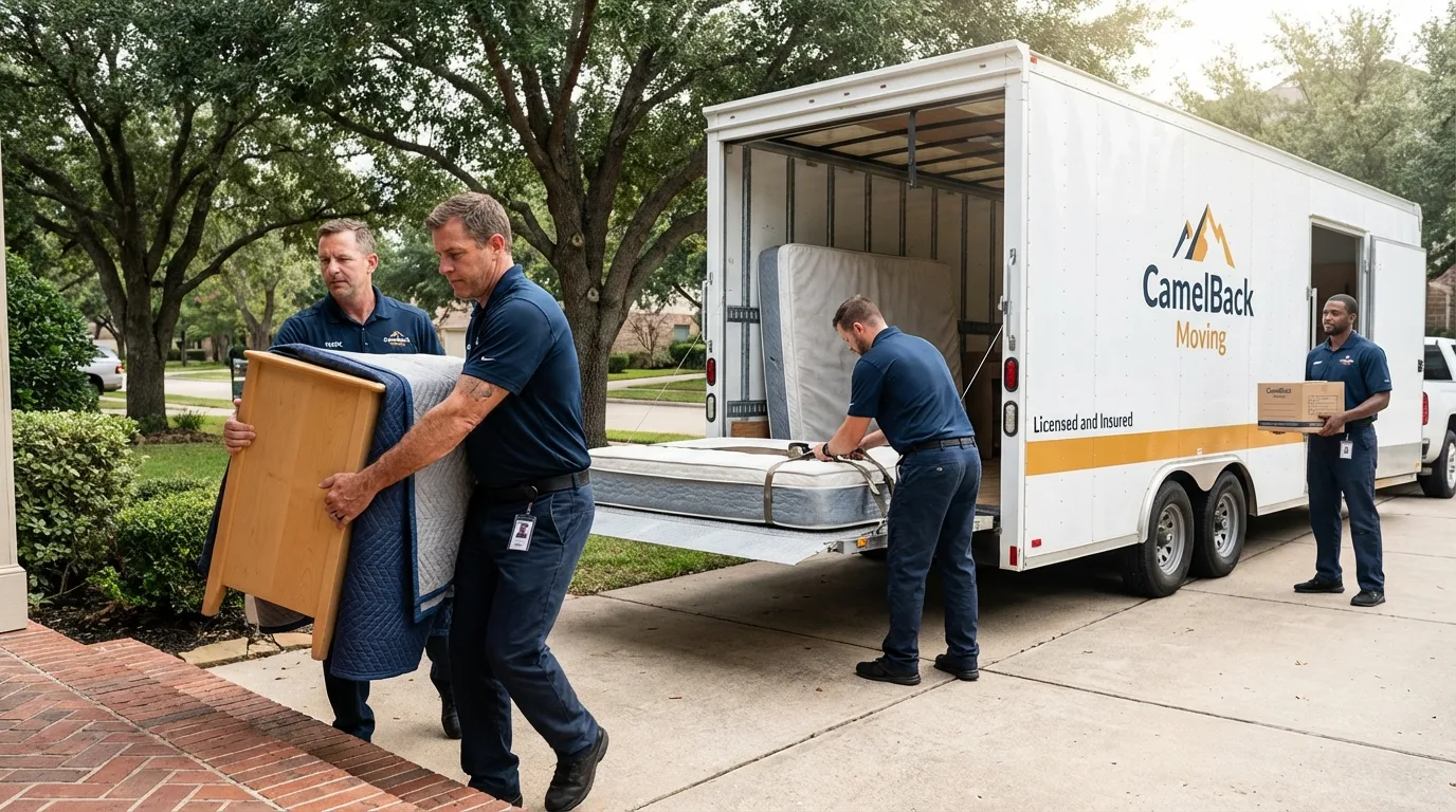 Crew loading residential truck for cross-state move from Le Roy, IL
