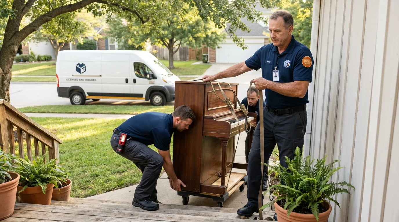 Licensed piano movers securing grand piano in Le Roy, IL
