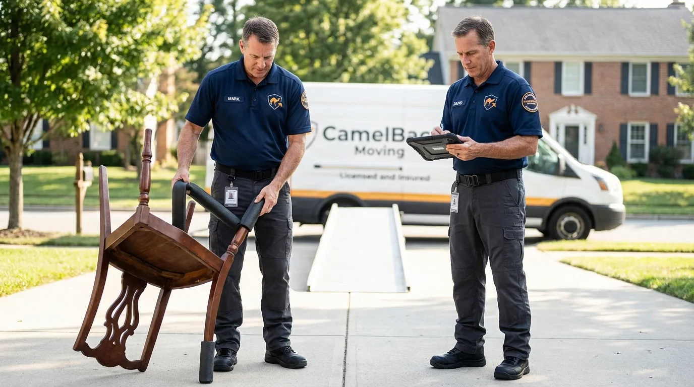 Movers inspecting furniture for damage prevention before loading in Le Roy, IL